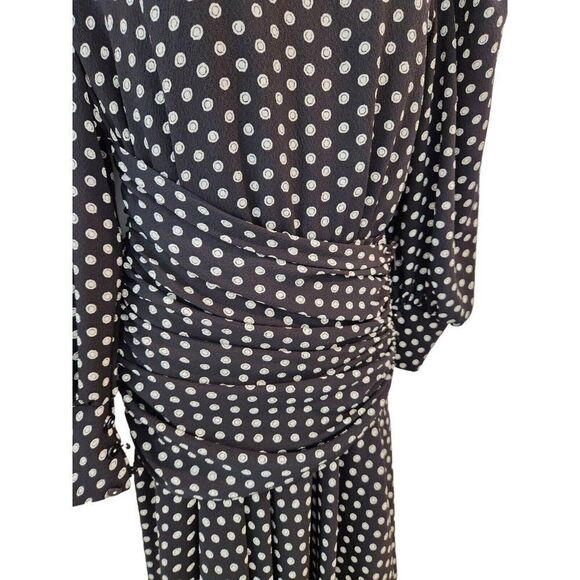 Vintage 80s Navy Blue White Polka Dot Long Midi Dress S Blouson Drop Waist - Picture 3 of 7